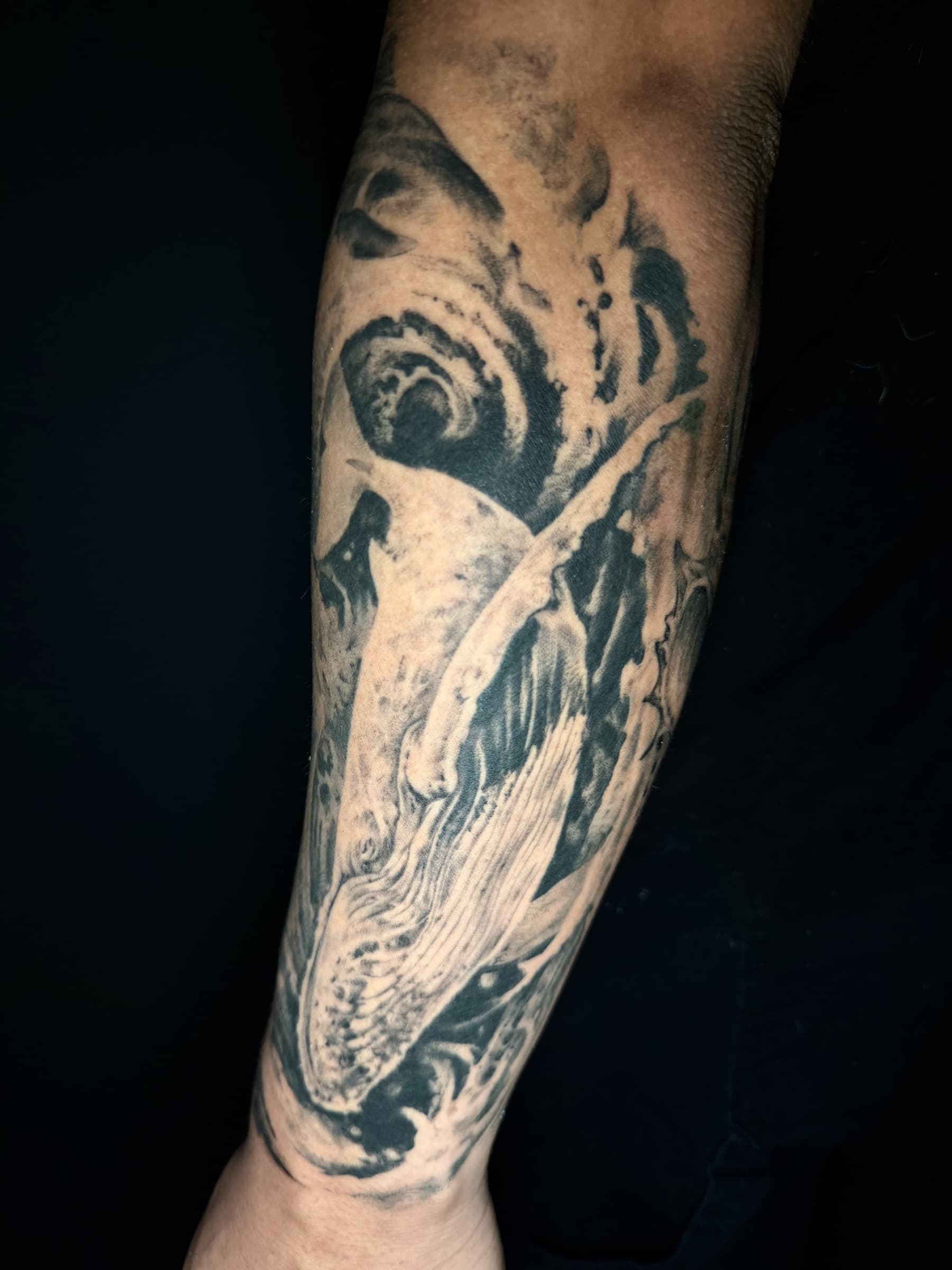 Healed black and grey skull tattoo by Pete Seyring.