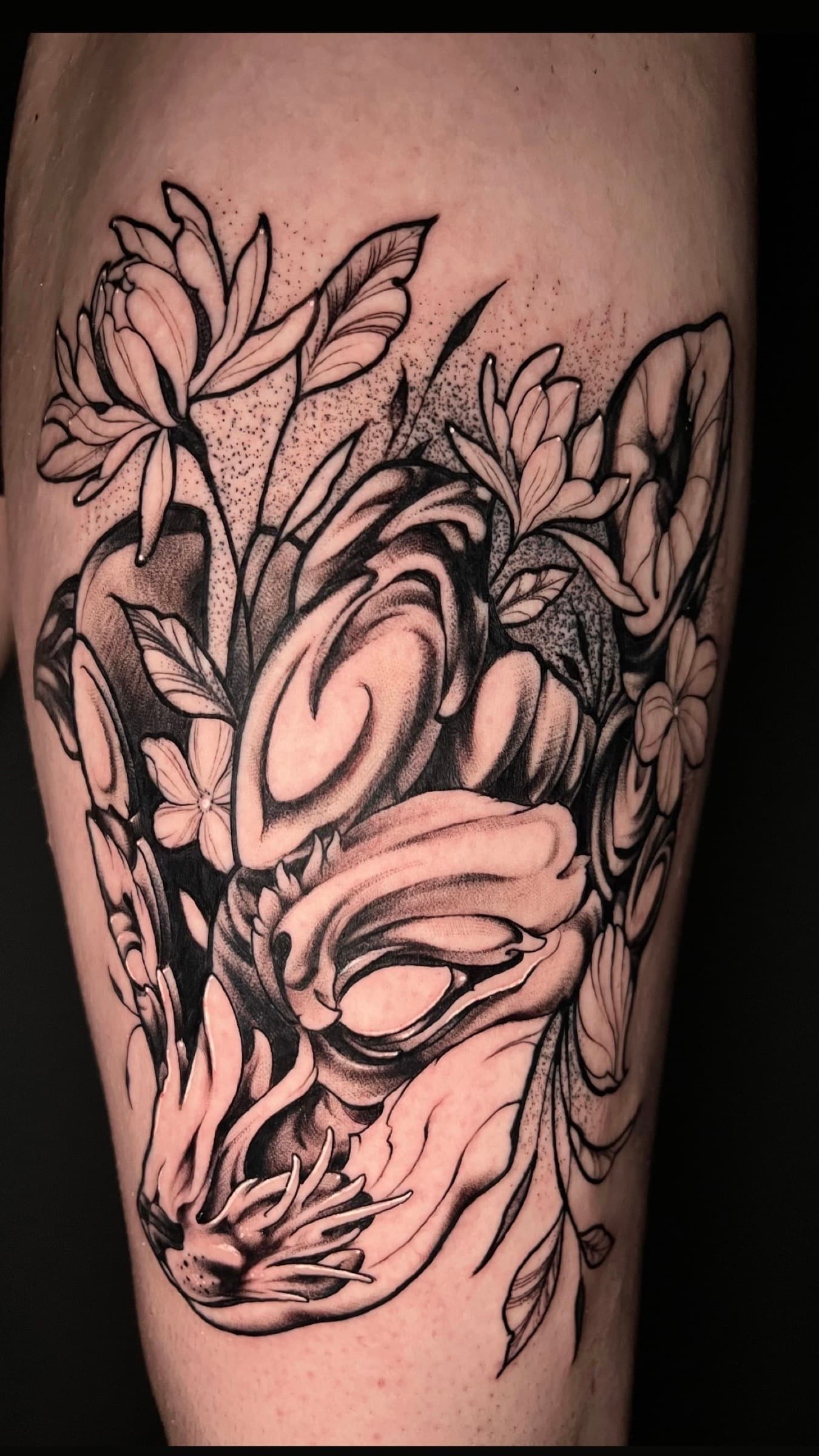Detailed black and grey tattoo by Pete Seyring.