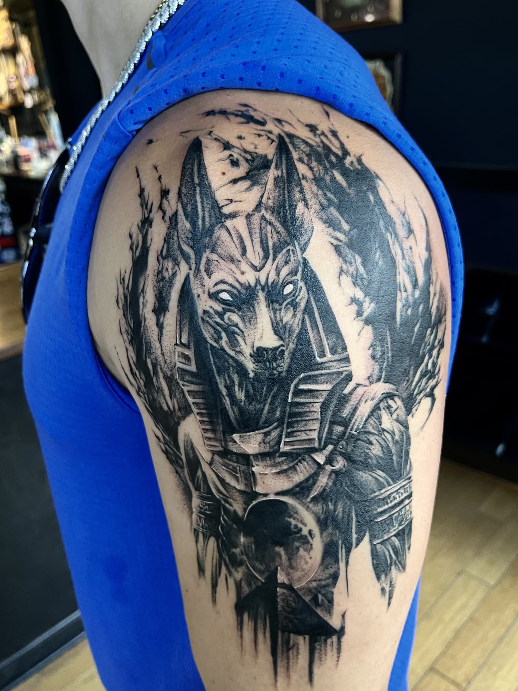 Black and grey figure tattoo by Pete Seyring.